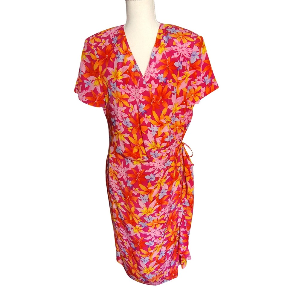 Spenser Jeremy Pink Orange Tropical Floral 100% Silk Wrap Midi Dress Womens‎ 12